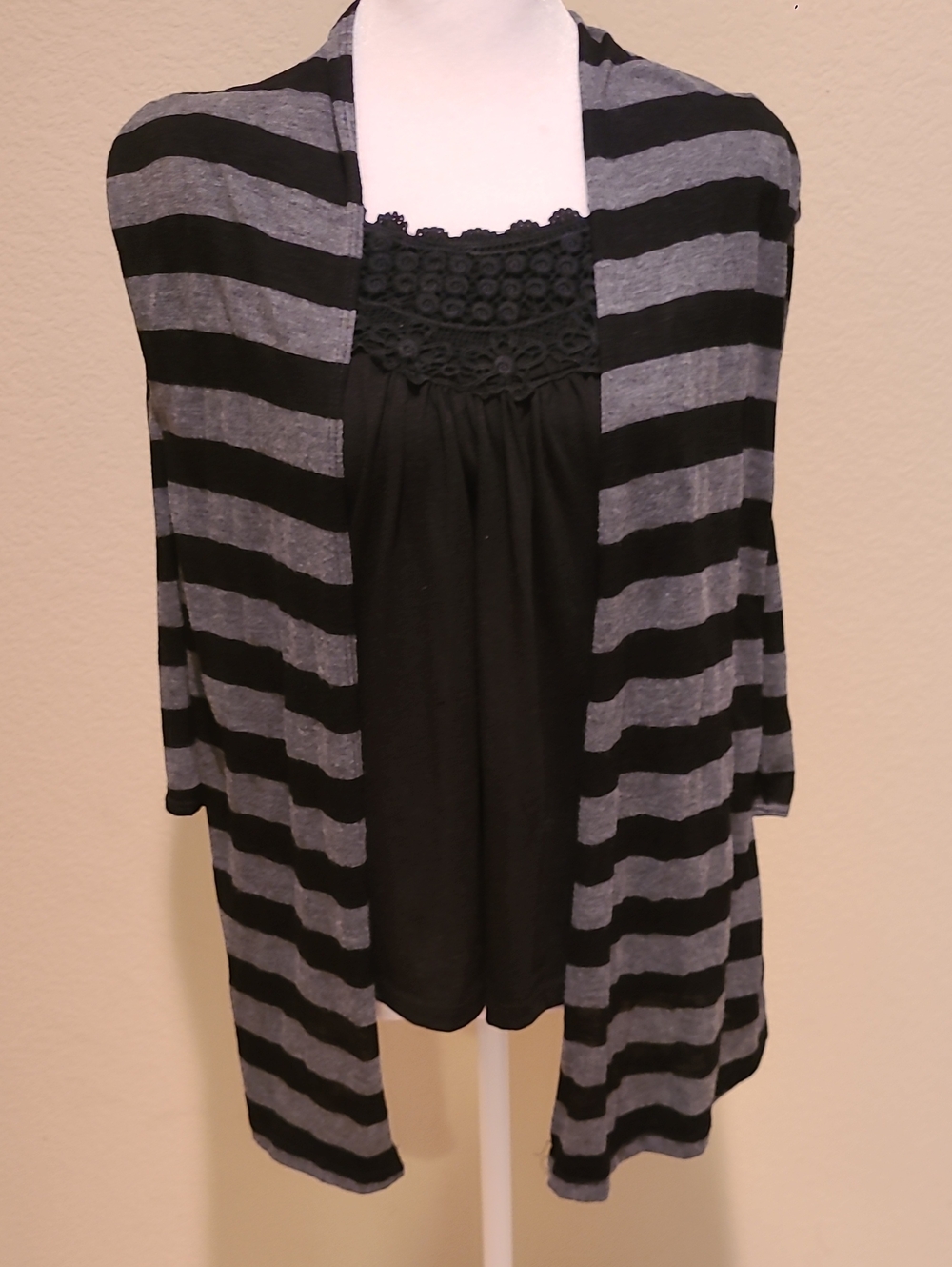 Agenda Black & Gray Striped Open-Front Women's Cardigan W/Attached Shell Size PL